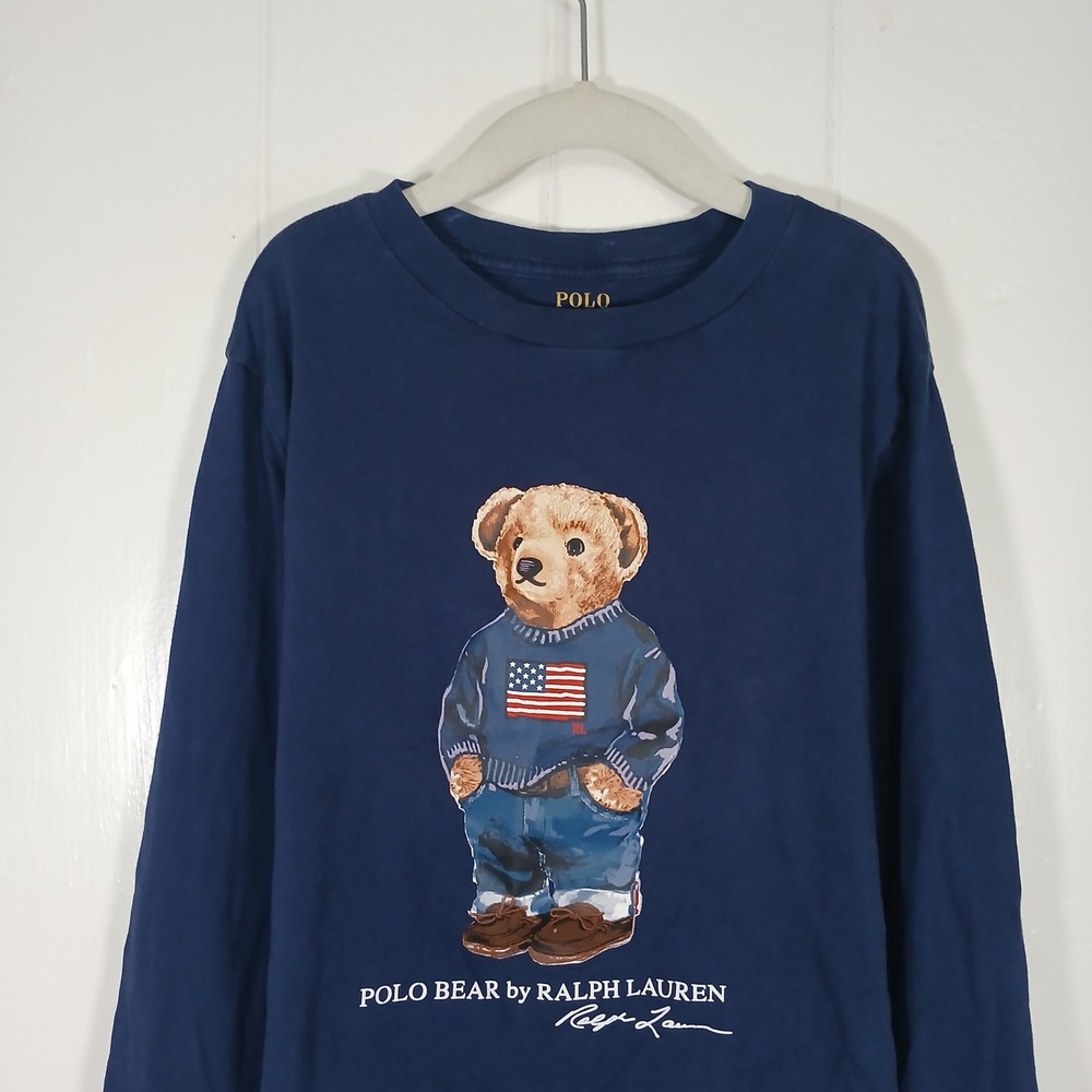 Polo Ralph Lauren Polo Bear Graphic Tee Long Sleeve Shirt Kids Size 8 Navy Blue
